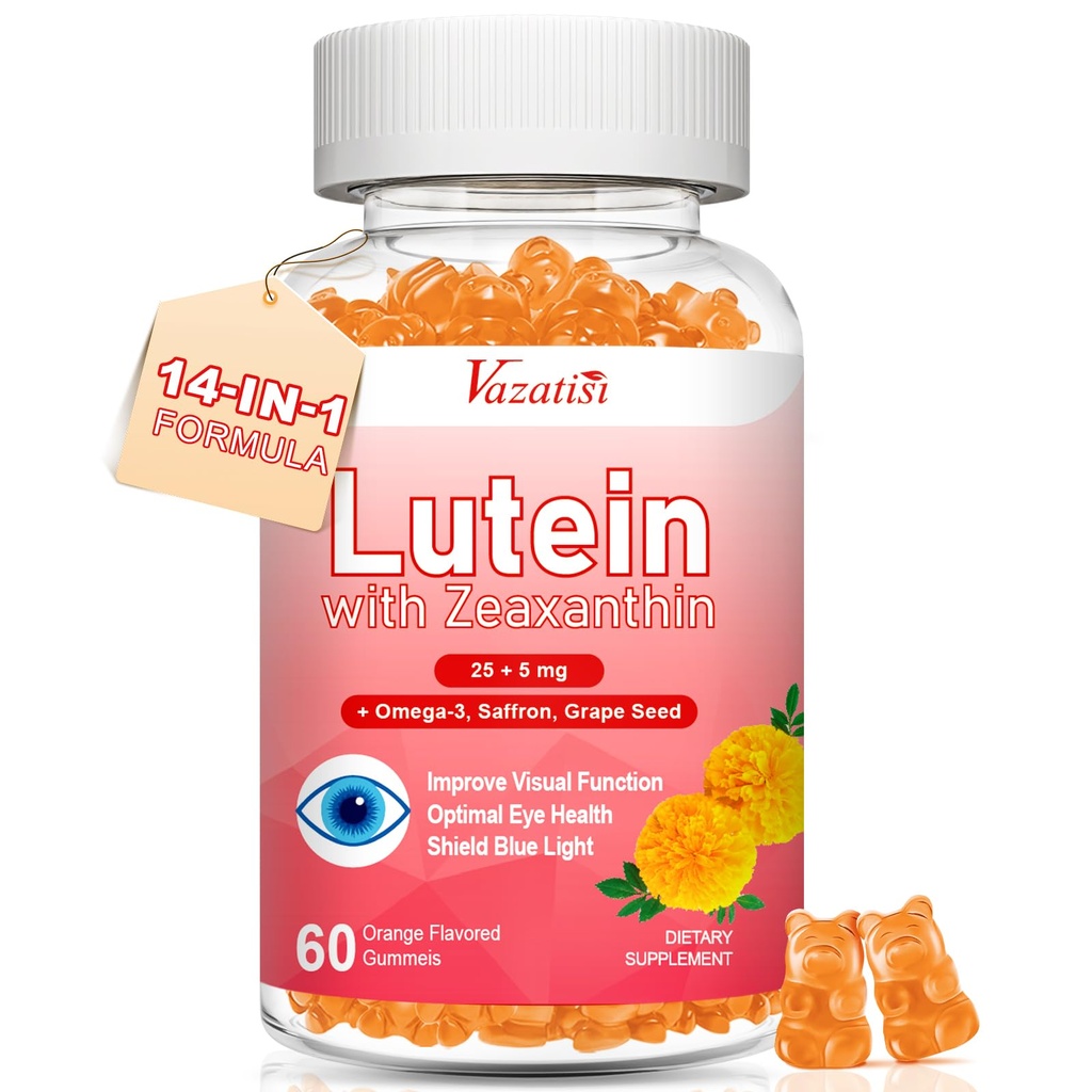 Suplemen Lutein dan Hobxanthin Gummies, Advanced Eye Vitamin Suplemen dengan Bilberry, Saffron, Benih Grape, Omega 3 untuk Kesehatan Macau, Mata Kering, Fungsi Visual - Orange Flavor, 60 Count
