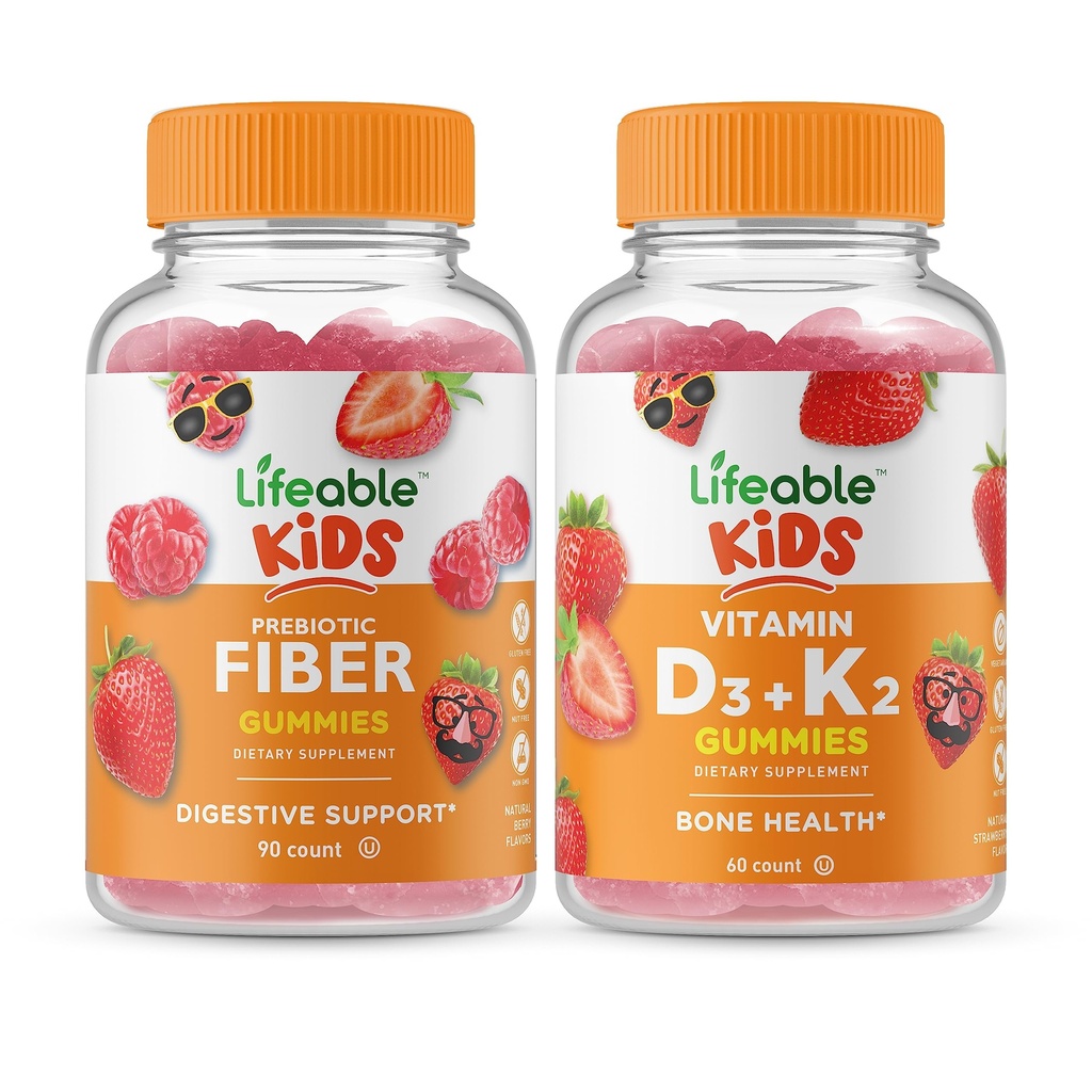 Lifeable Prebiotic Fiber Kids + Vitamin D3 + Vitamin K2 Kids, Gummies Bundle - Tasting Besar, Tambahan Vitamin, Gluten Bebas, GMO Bebas, Gummy Chewable