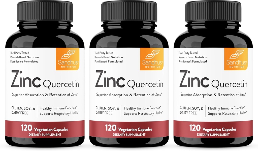 Suplemen Zinc Quercetin 120 kapsules Vegetarian (Paket 3); Suplemen Zinc untuk Dukungan Antioksidant Imune untuk Pria dan Perempuan; Gluten, Soy, Dairy Free