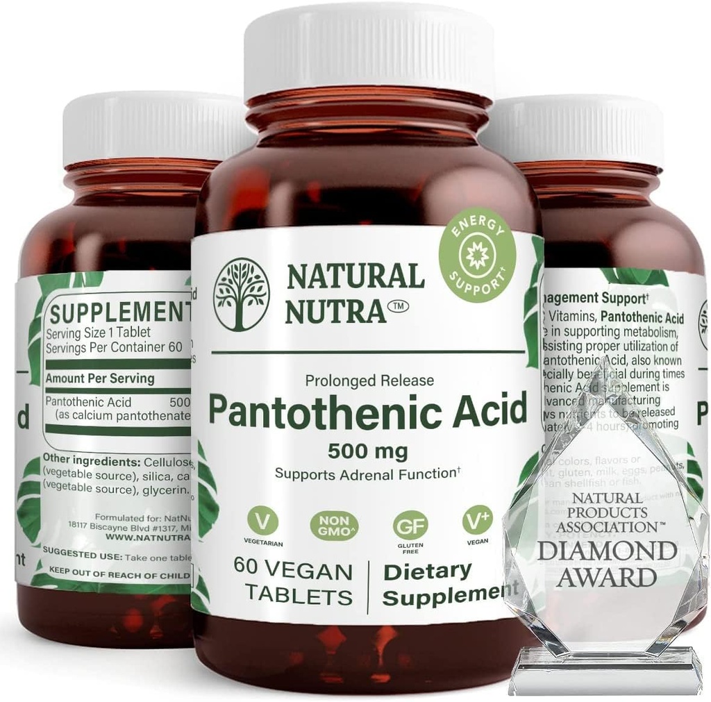 Natural Nutra Time Release Pantothenic Acid 500 mg, Vitamin B5 Suplemen Membantu Break Down Fat and Carbohydrates, Metabolisme dan Energi, Impreve Muscle Health, 60 Vegetarian Tablet (3 Pack)