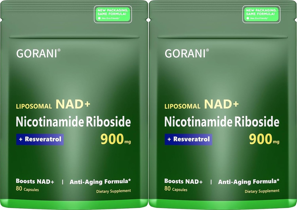 Gorani NAD + Supplemen 900MG - Nicotinamide Riboside, Lipomal Reveratrol & Quercetin - Mendukung Energi Sel & Antioksidant Kesehatan - 80 Capsules