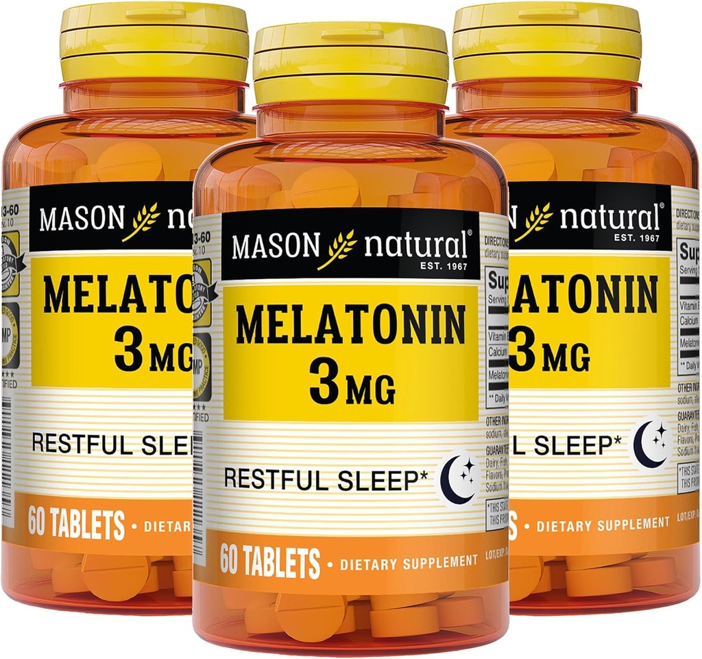 MASON NATURAL Melonatin 3 mg dengan B6 & Calcium, Natural Sleep Aid, Support Restful Sleep, 60 Tablet (Paket 3)