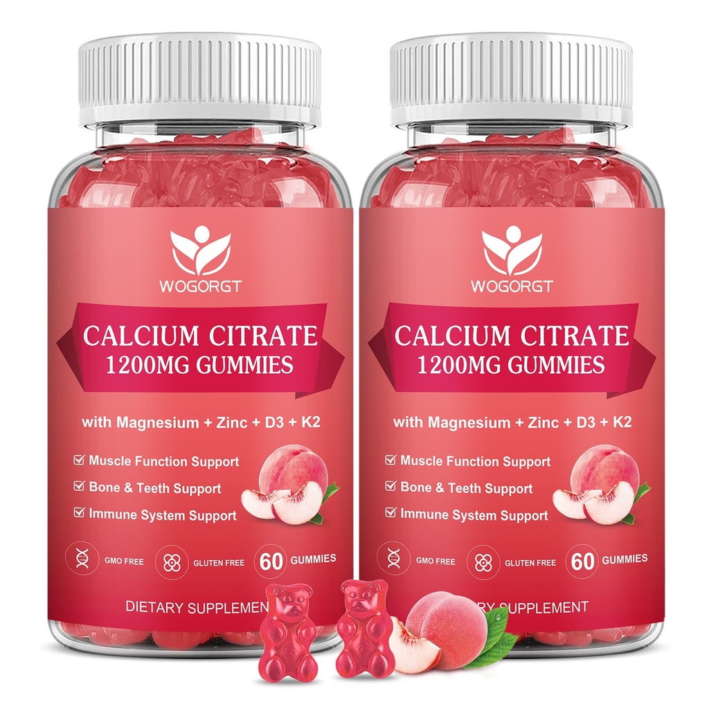 Kalsium Citrat 1200 mg Gummies dengan Vitamin D3, K2 - Kalium Magnesium Magnesium Zinc d3 dengan Moss Laut Extract for Bone, Teeth, Immune Dukungan Perempuan & Men, Peach Flavor-60 Gummies (2Pack)