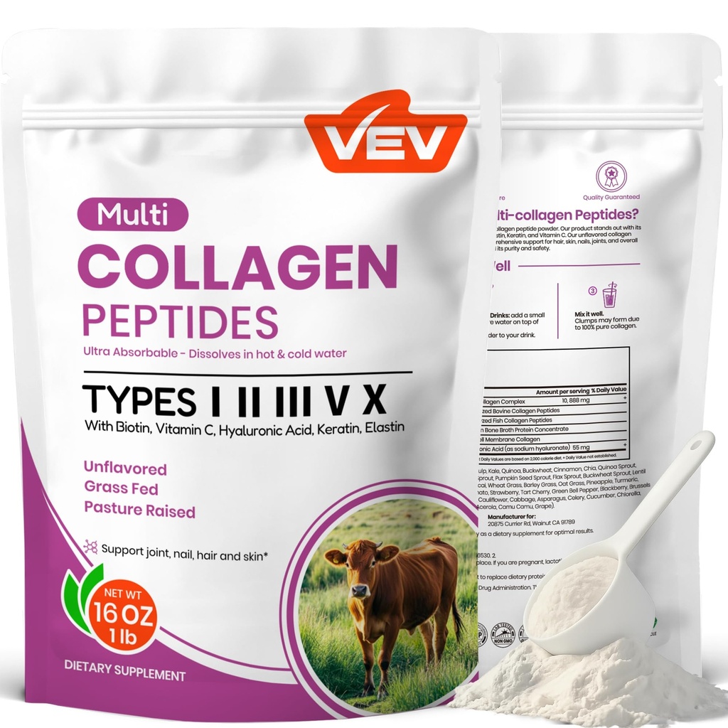 VEV Multi Collagen Peptides Powder, 16 oz (41 Servings) - Tipe I, II, III, V, X, Collagen Hydrolyzed Collagen, Acid Hyalon, Biotin, Vitamin C, Supports Skin, Unflashed, Dissoling Easisily