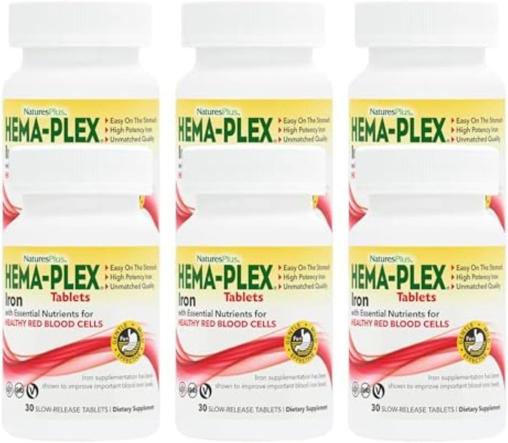 NaturresPlus Hema- Plex Iron - 30 Substained Rilis Tablet, Pack of 6- 85 mg Elemental Iron - Total Blood Health - dengan Vitamin C & Bioflavonoid - Vegan, Gluten Free - 180 Total Servings