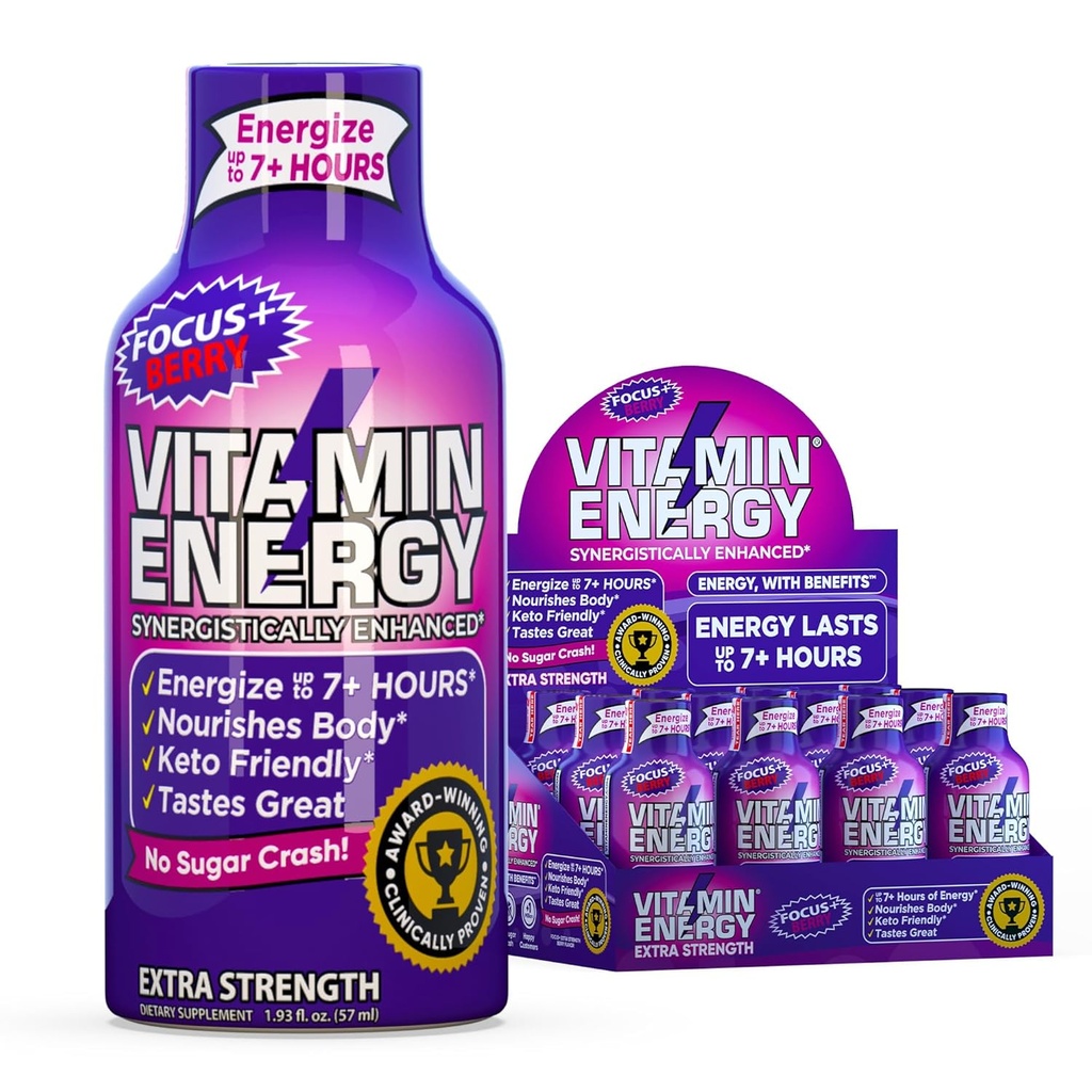 Vitamin Energy Focus + Extra Energy Shot Berry 4 Pack, 260mg Natural Caffeine, B-Vitamin, CoQ10, Amino Acids, Focus, Produtivitas & Kejelasan, Nol Gula, Gluten- Free, 1.93 fl oz