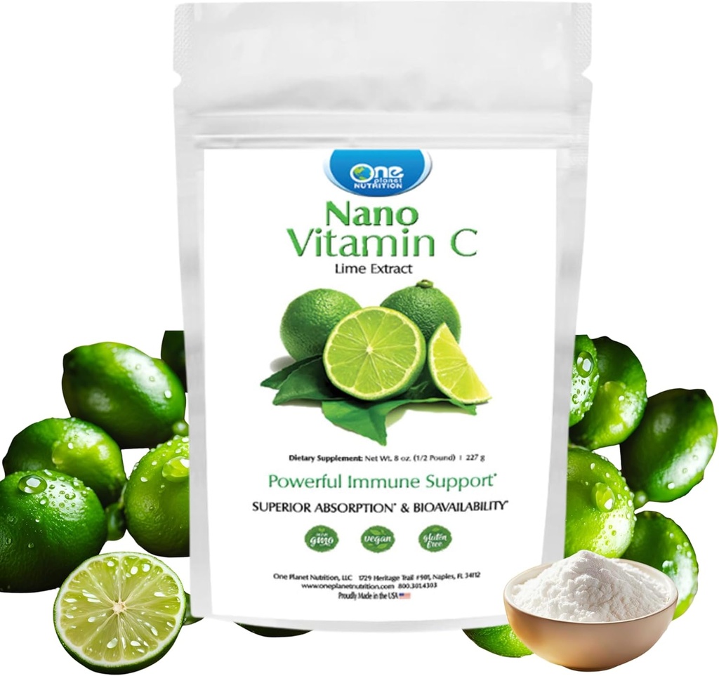 Satu Planet Nutrition Nano Vitamin C powder 8 oz (227 pelayan), Actibic Acid from Lime Extract, Nano for Enhanced Absorpsi, Support Collagen Production & Imune Health, NNN-GMO, Vegan