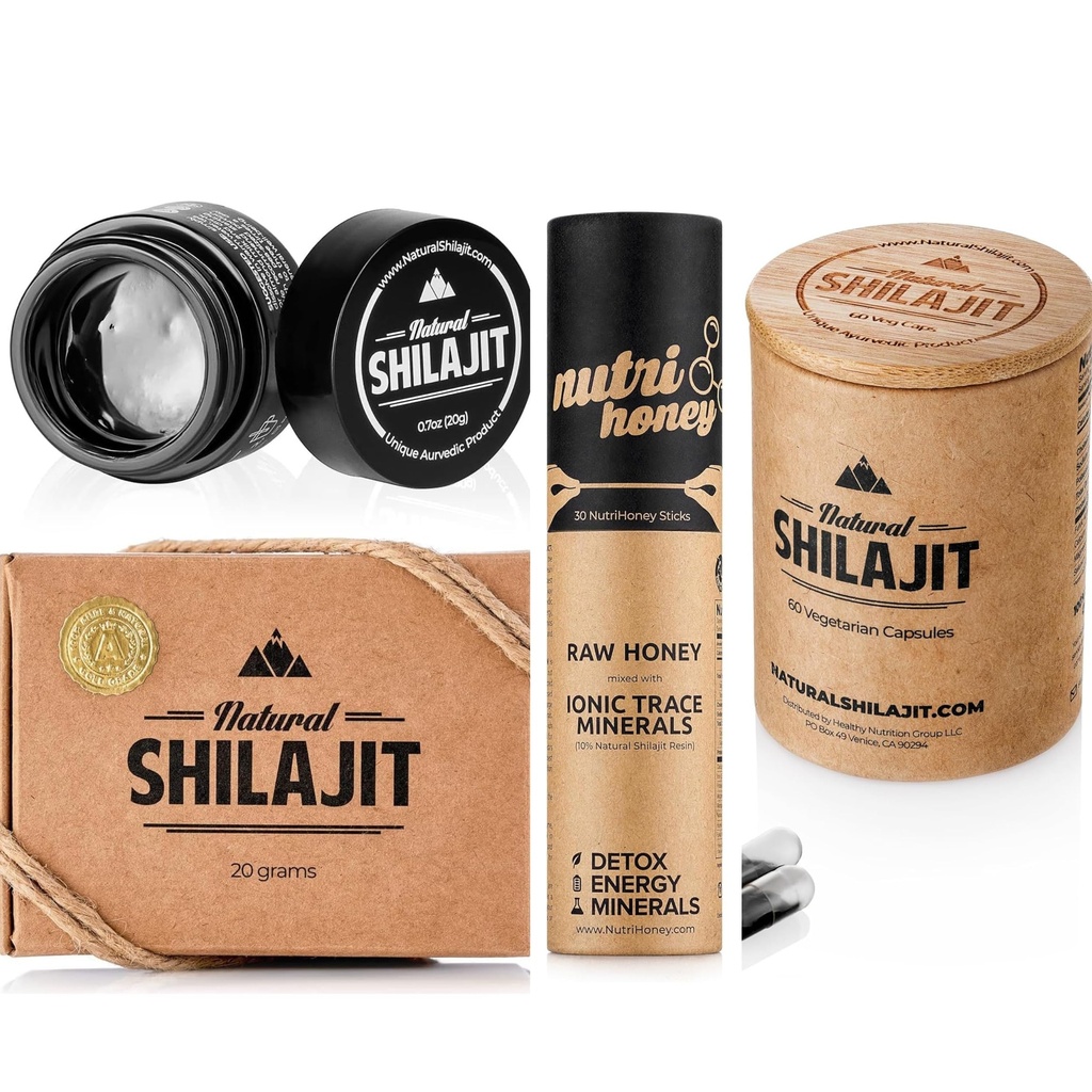 SHILAJIT NATURAL Resin 20G, Shilajit Honey Sticks 30 Count Capsules 60 Count