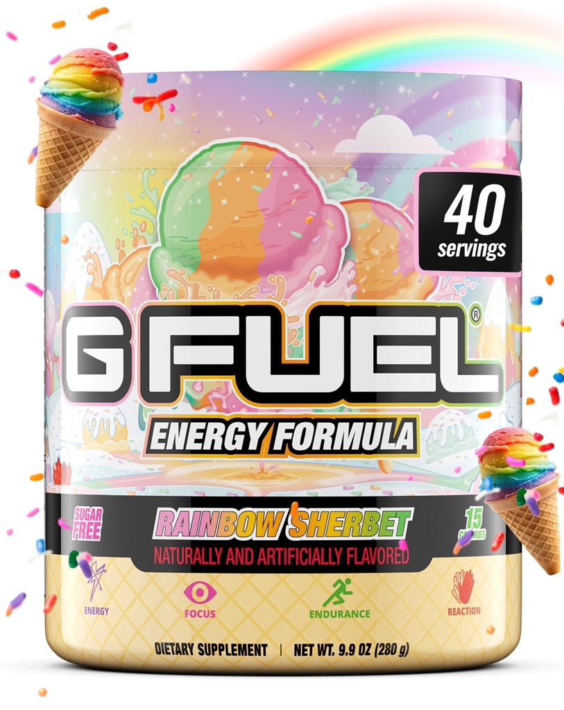 G Fuel Rainbow Sherbet Energy Chowder, Pra Workout Caffeine Mix untuk Gaming, Sugar Free Focus Amino, Vitamin + Antioksidants, 9.9oz (Rainbow Sherbet, 40 Servings)