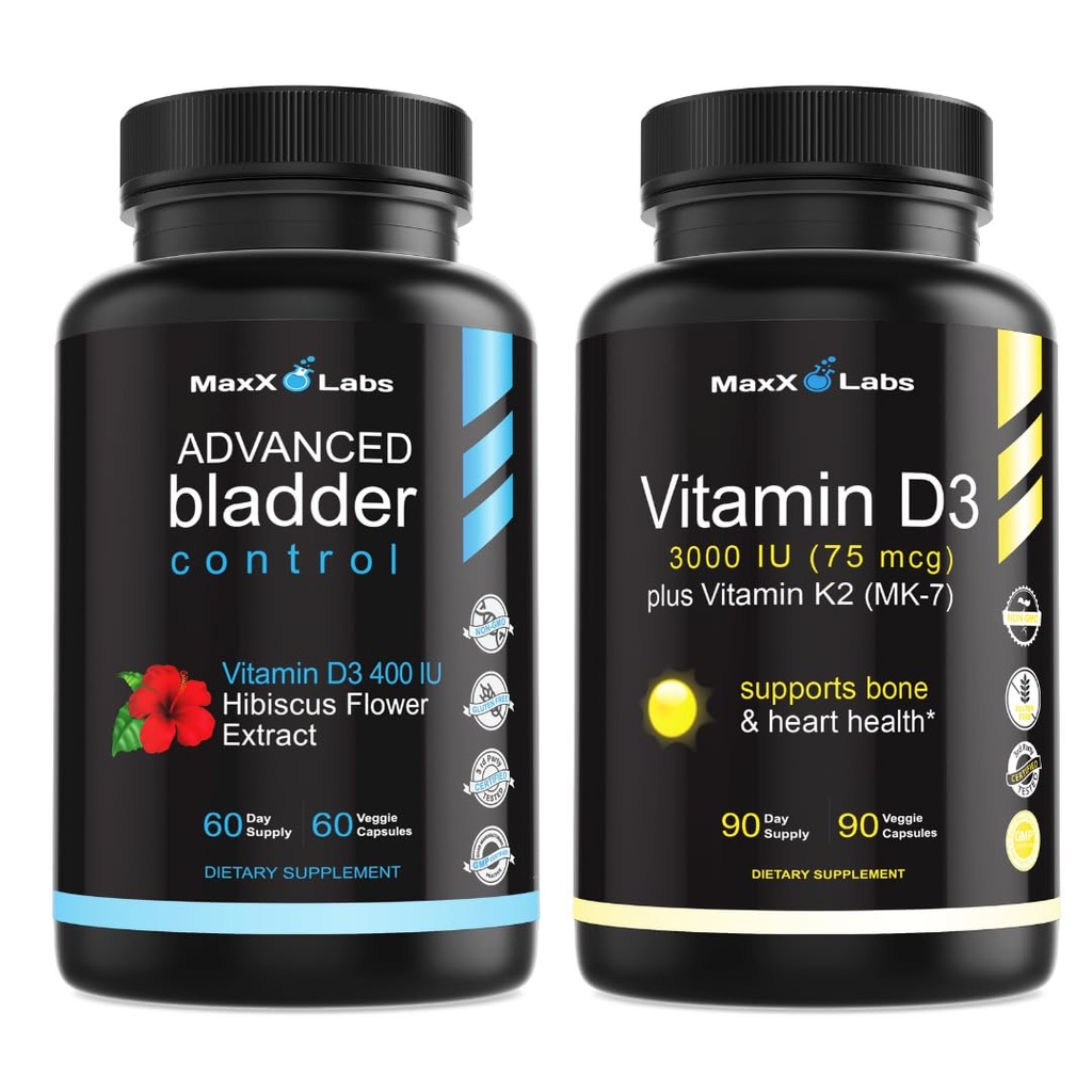 Advanced Bladder Control Suplemen untuk Women & Men 60Ct + Vitamin D3 3000 IU dengan Vitamin K sebagai MK-7 dari Natto Dukung Heally Bones, Teeth, Heart & Imune Fungsi 90Ct