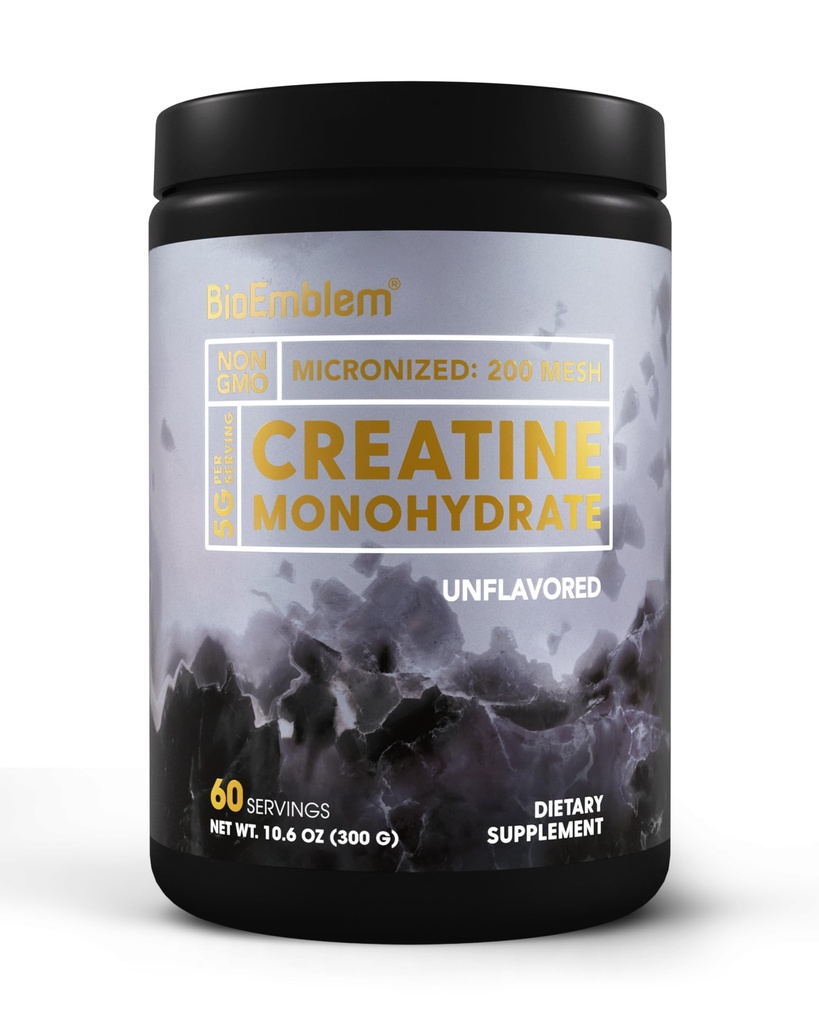 BioEmblem Creatine Monohydrate Powder - Micronized, Unfeatured, 5000mg Per Serving (5g) - Pasokan Otot Kekuatan, Pemulihan Kerja & Performance Creatine Suplemen- Vegan, Non-GMO, 60