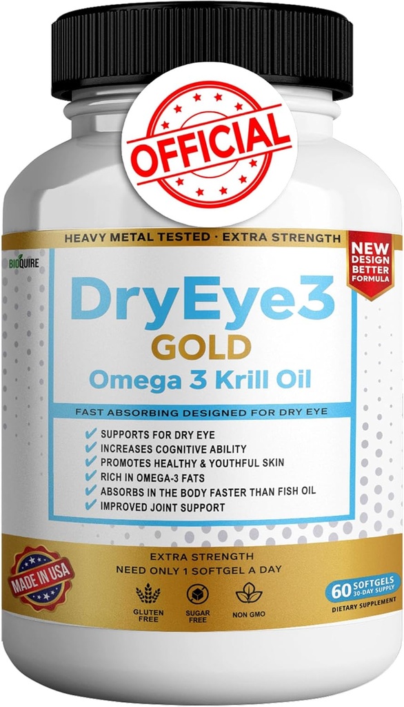 Dry Eye 3 Gold Omega 3 Krill Oil Extra Kekuatan, 60 Softgels, Dry Eye Dukungan, Non-GMO, Gluten Free, Sugar Free (1)