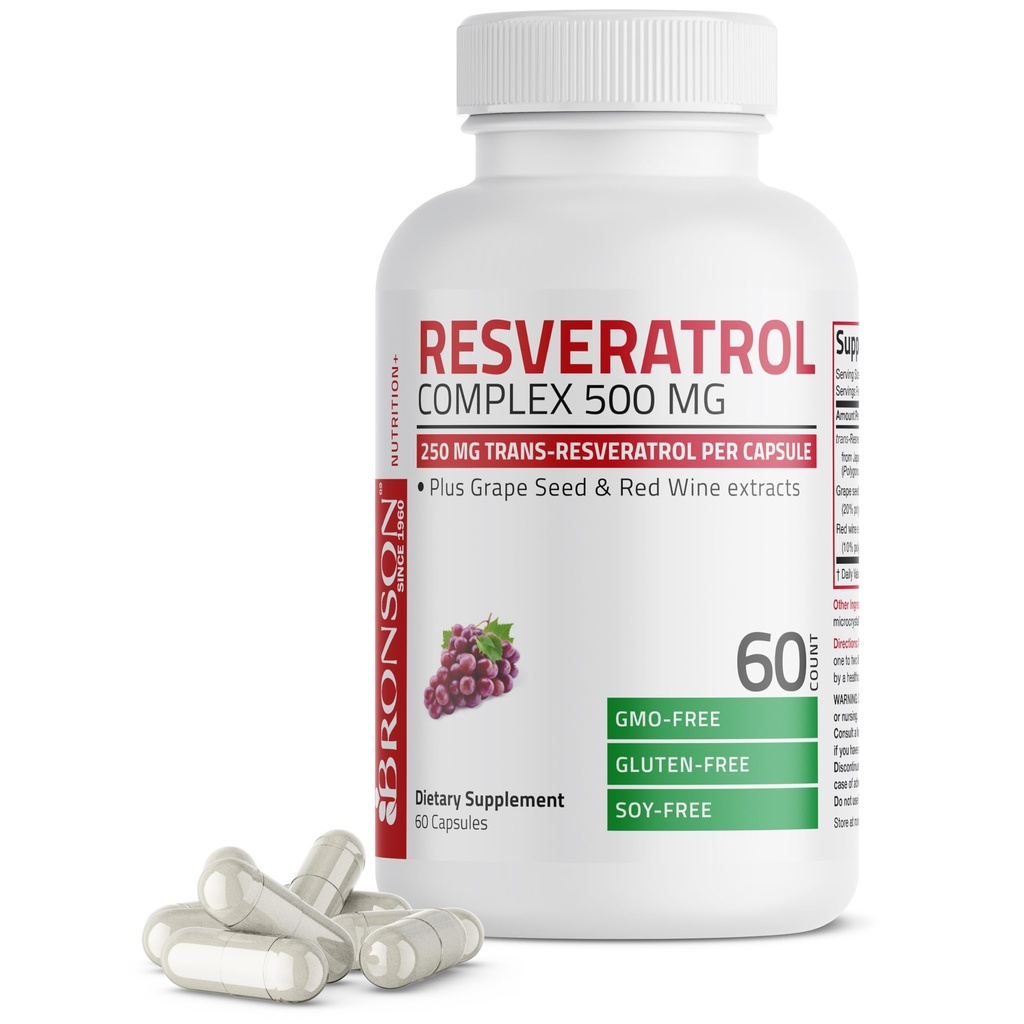 Bronson Resveratrol 500 Kompleks Standardized Trans- Resveratrol + Grape Benih & Red Extract, 60 Capsules