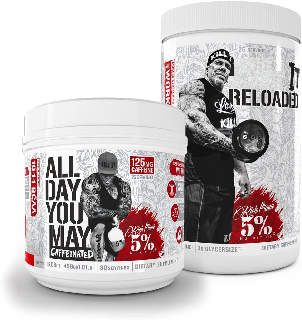 5% Nutrition Rich Piana Bundle 124; AllDayyouMay Caffeinated BCAA Powder + Kill It Reloaded High- Stim Pre-Workout (Fruit Punch)