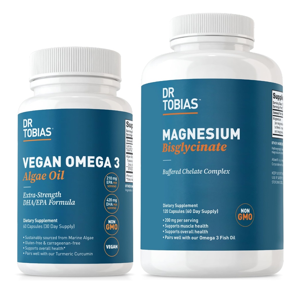 Dr. Tobias Vegan Omega 3 Algae Oil dan Magnesium Bisglycinate, Estivity Wellness Dukungan untuk Heart, Brain, Muscle, dan Bone Health, Non-GMO, Vegan