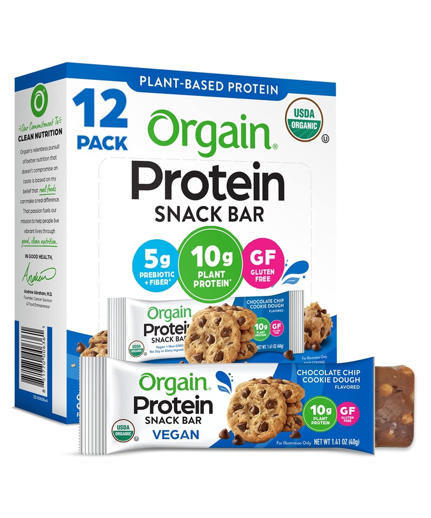 Orgain Vegan Protein Bars, Chocolate Chip Cookie Dough - 10g Plant Based Protein, Low Calorie Heally Snachoose or Soy Ingreations, Gluten Free, Non-GMO - 1.41 Oz (Paket 12)
