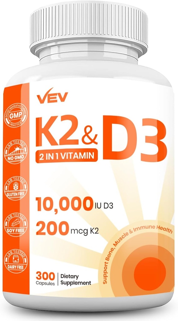VEV Vitamin D3 K2 - Easy- ke-Swallow Capsules, 300 Capsules (Paket May Vary)
