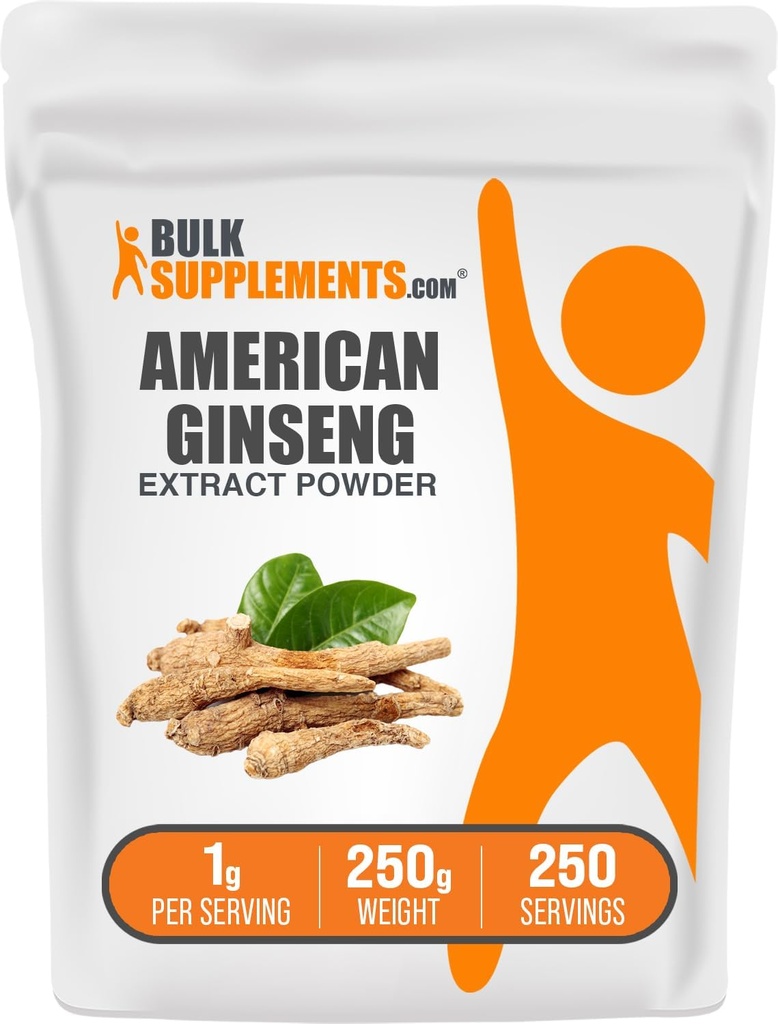 BulkSuplements.com American Ginseng Extract Powder - Ginseng Suplemen, Herbal Suplemen Bebas Gluten, 1g per Serving, 250g (8.8 oz) (Paket 1)