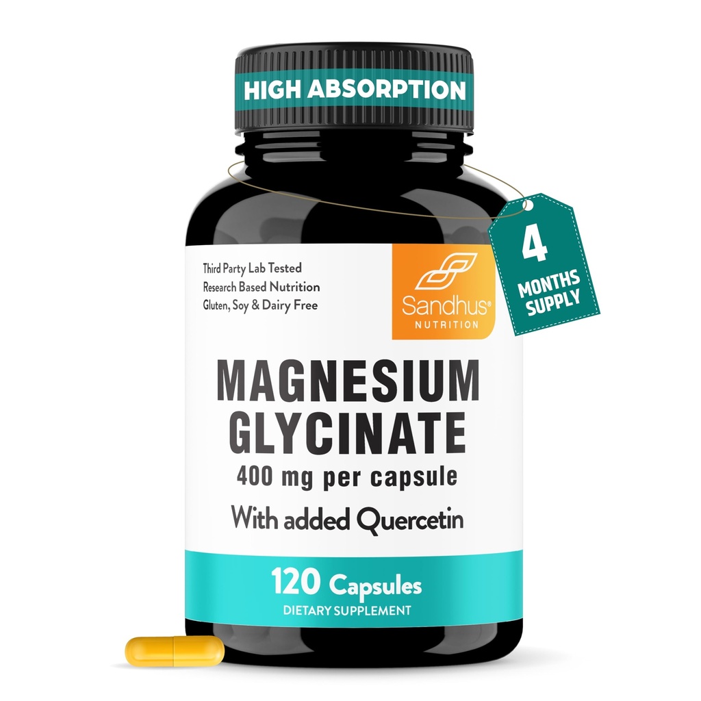 Sandhu 's Magnesium Glycinate 400mg Capsules dengan Quercetin 124; Quality Sleep, Relaxation, Muscle Health & Imune Dukung 124; 120 Count (Pack of 1)