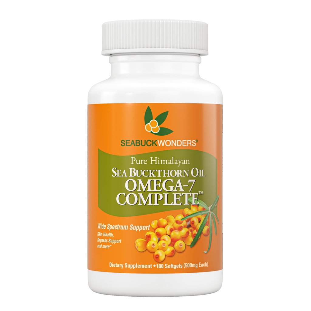 SeabuckWonders Organic Sea Buckthorn Oil, Omega-7 Lengkap Softgels, 180 Count, dengan Omega 3, 6 & 9, Pendukung Rambut, Skin & Nail Kesehatan, 10000mg per Serving