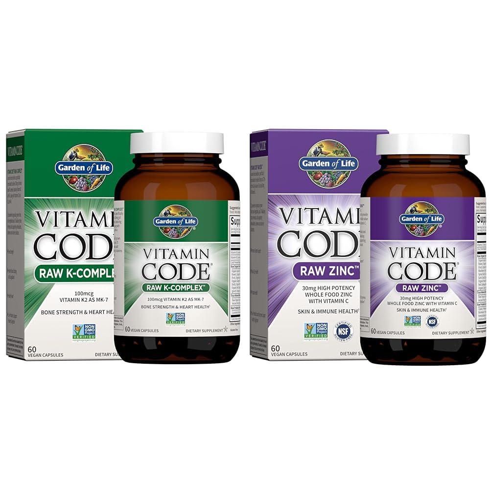Garden of Life Vitamin K2, K1, Zinc & Vitamin C - Vegan Vitamin Complex for Bone, Heart, Imune Support & Healthy Ditrable - 60 Day Suppply