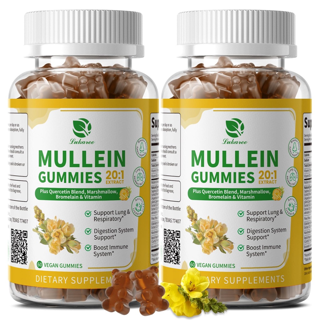 (2 Kemas) 9 dalam 1 Mumlein gummies untuk Lung Cleanse & Detox, Ekstra Kekuatan Mullein Extract w / Quercetin, Bromelain, Elderberry & Marshmallow for Respiratory, Imune & Digetical, Vegan, 120 Count