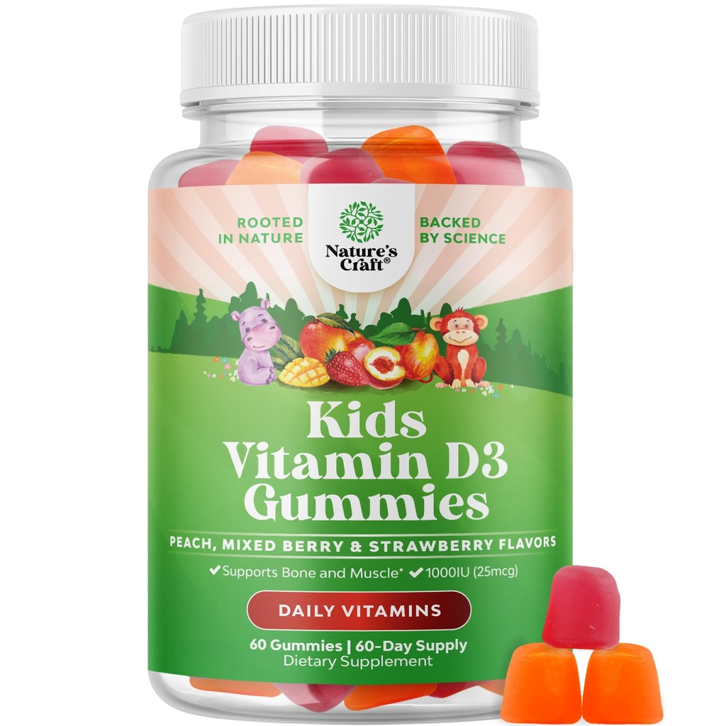 Vitamin D Gummies yang bisa dikunyah untuk Anak-anak - Anak-Anak yang Lezat Vitamin D 1000 Per IU Serving Gummy Vitamin untuk dan Dukungan Lembab Tambahan Teeth and Bone Health - Gelatin Free Fruit Flavors