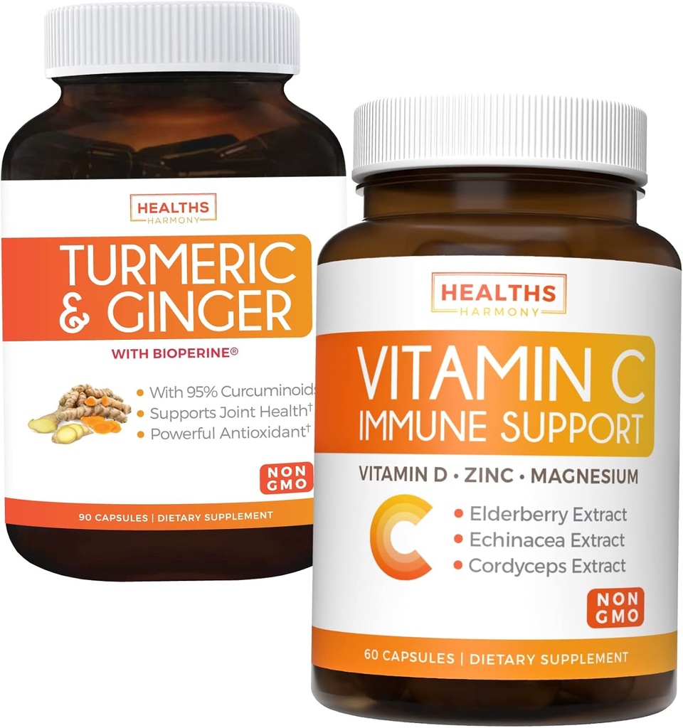 Bundle of Vitamin C Imune Support & Turmeric Curcumin - Daily Support: Imune + Joint Health - Imune Support - Vitamin C dengan Zinc (Non-GMO) & Turmeric Curcumin - Lap Hitam Ekstrak (N- GMO)