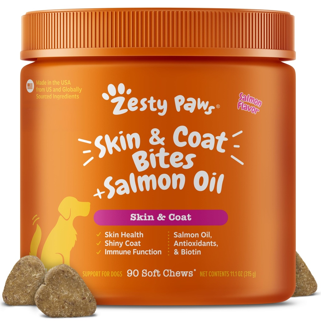 Zesty Paws Salmon Oil for Dogs Skin and Coat, Omega 3 Fish Oil Chews, Dog Allergy Relief Chews, Itch Relief Suplemen, 90 Count, Salmon Flavor