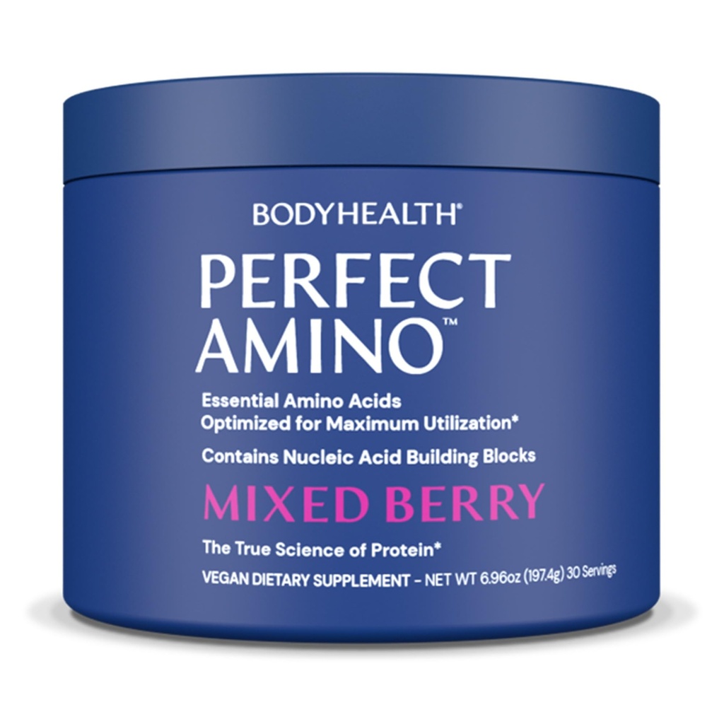 BodyHealth PerfectAmino Powder - BCAA dan bedak EAA untuk Pra dan Post Workout - Amino Acid Energy Minuman untuk Pria dan Wanita untuk Mendukung Lean Muscle dan Pemulihan - Campuran Berry - 30 Servis