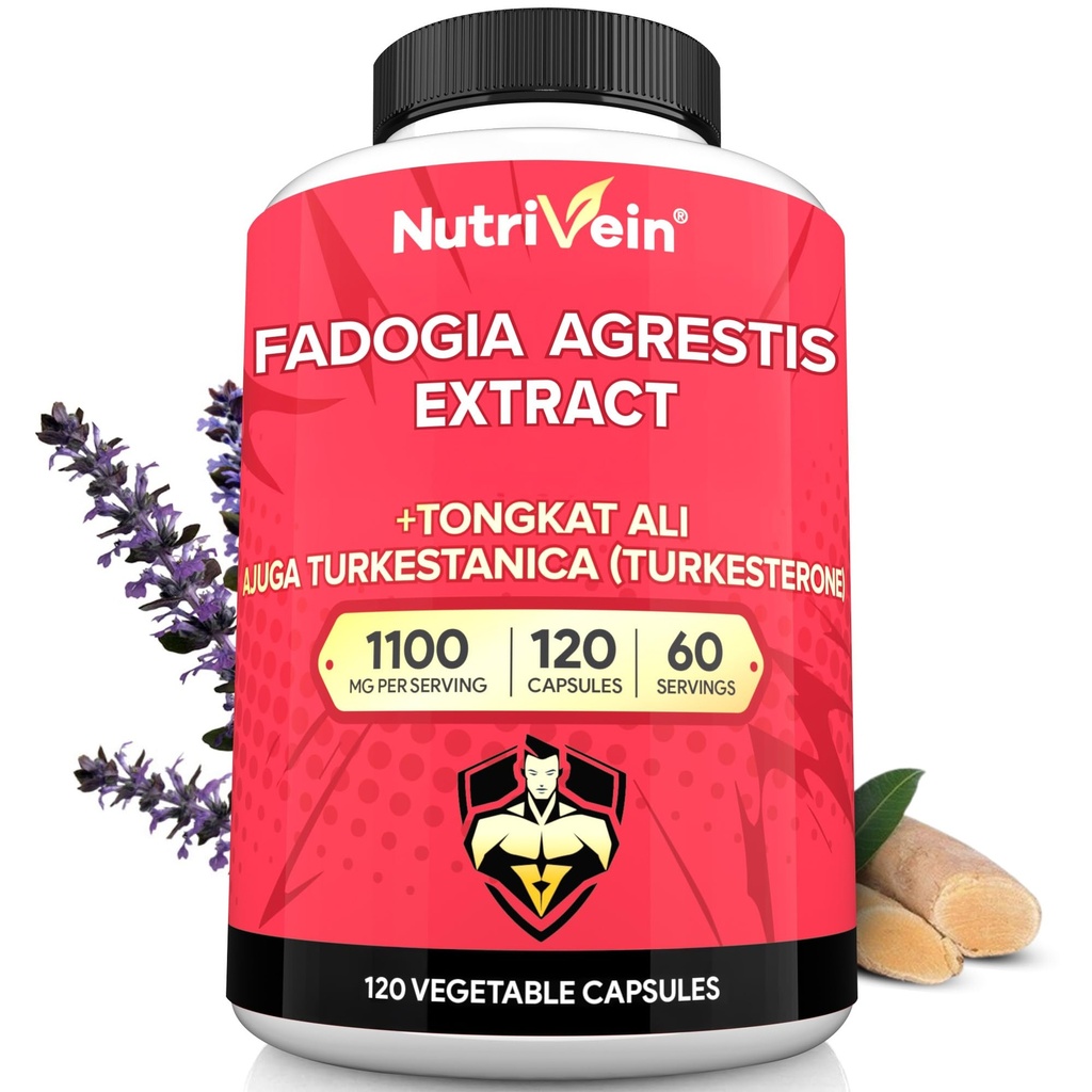 Nutrivena Premium Fadogia Agrestis dan Tongkat Ali Suplemen dengan Turkesterone - 1100 mg - 120 Caps - Synergistic Blend for Performance, Kekuatan, & Recovery for Men & Women of All Ages