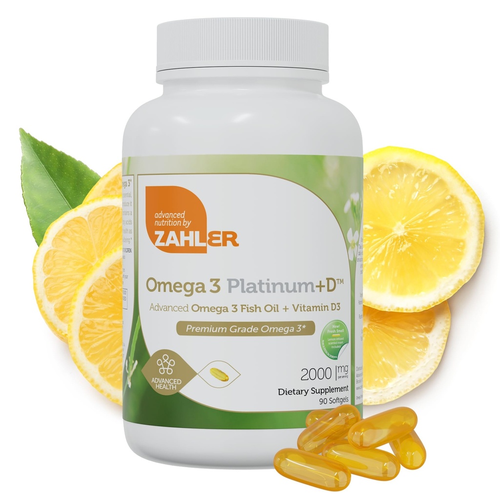 Zahler Omega 3 Platinum + D, All- Natural Pure Oil Suffel, Burpless Softgel dengan No Fishy Aftertaste, Tertinggi di EPA dan DHA, Disertifikasi Kosher, 90 Softgels