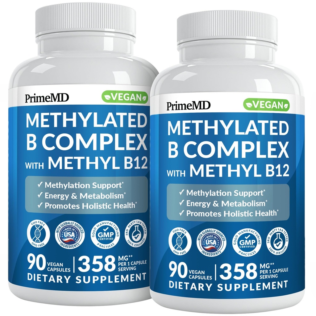 Methylated B Complex with Methylfolat and B12 Methylcobalamin 1000 mcg - Methylated Multivitamin for Energy, Brain Function, and Wellness - Vitamin B Complex for Men & Women (180 Servings, Pack of 2)