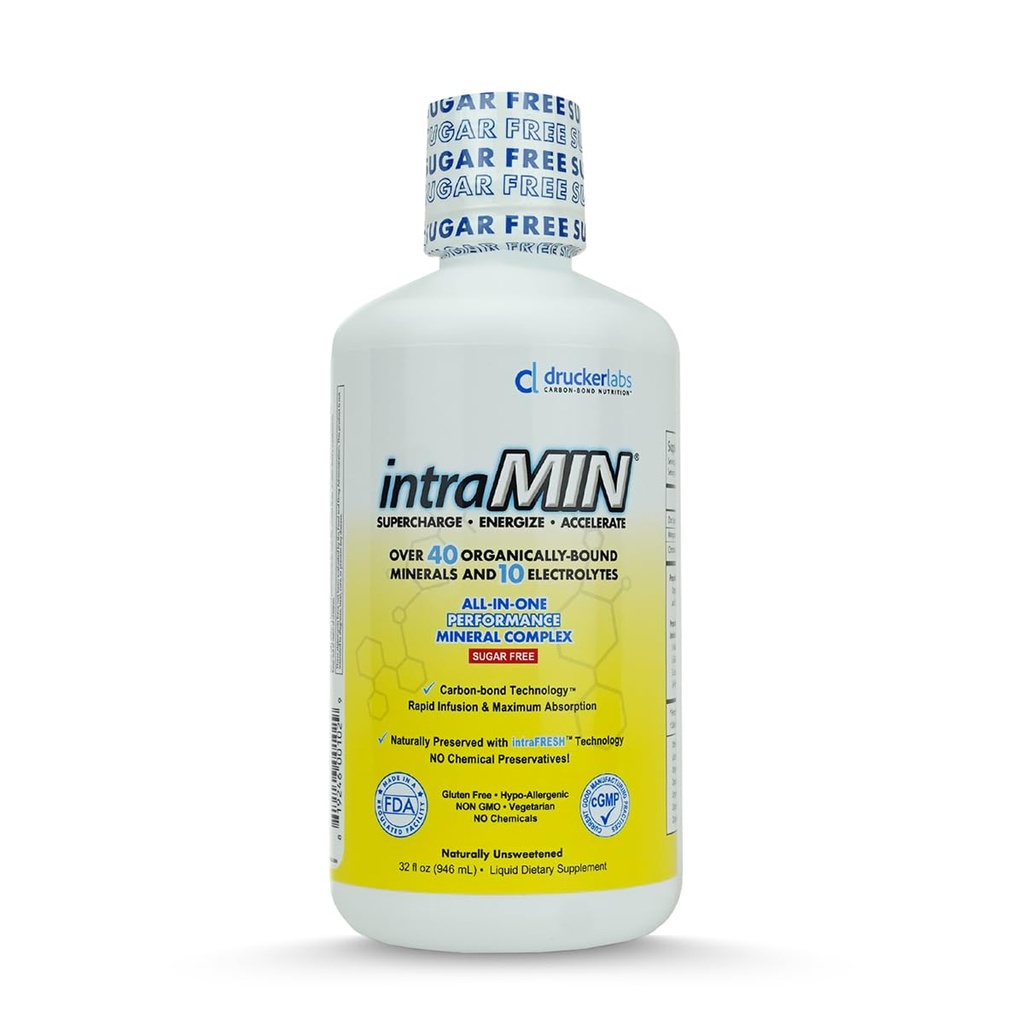 Drucker Labs - Intramin Organic Liquid Suplement for Men, Women, Kids, Ammune and Muscle Dupport, Non GMO, Gluten Free, Vegan, Electrolytes, Sugar Free (32 oz., Unflasheed)