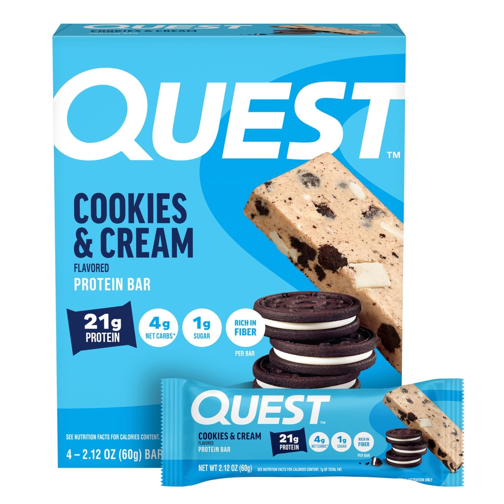 Quest Nutrection Cookies & Cream Protein Bars, 21g Protein, 4g Net Carbs, 1g Sugar, Gluten Free, Keto Friendly, 4 Count