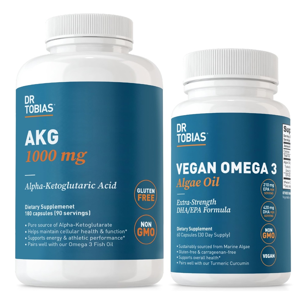 Dr. Tobias AKG Suplemen & Vegan Omega 3 Algae Oil, Dukungan Energi Cellular & Overall Health dengan AKG, EPA & DHA, Vegan, Gluten- Bebas, Non-GMO