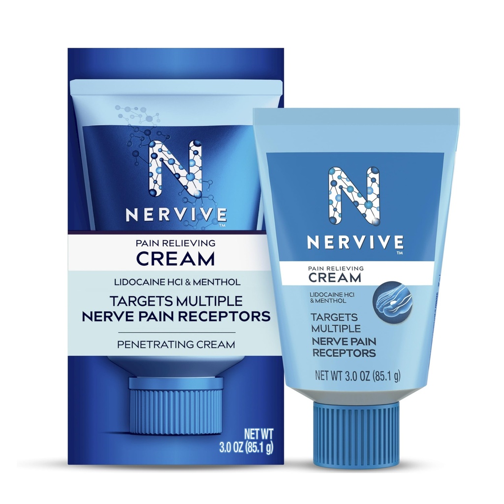 Nervive Pain Relieving Cream, Max Power Non-Greasy Topical Pain Reliever dengan Lidocaine dan Menthol untuk Toes, Feet, Fingers, Hands, Legs & Arms, 3.0oz