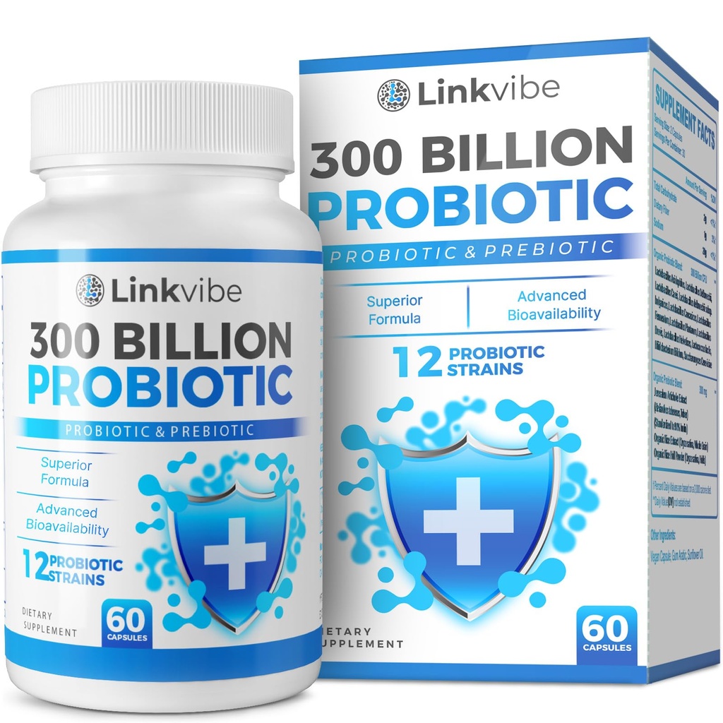 Probiotik 300 Miliar CFU - 12 Strain dengan Pregities Organik untuk Digetical & Gut, Imune, Bloating Health - Probile for Women and Men - Dairy Daily Free, Shelf Stable - 60 Counts