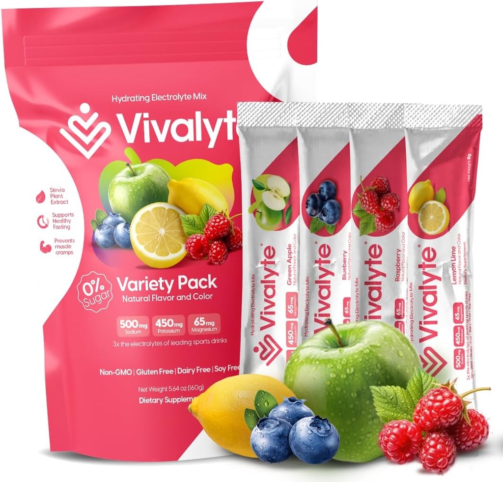Electrolyte Powder No Sugar Stederia Sweetened 100% Paket Hidration Natural - 20Count 124; Sodium, Potasium Citrate & Magnesium L- Threonate (5.64, Variety Pack)