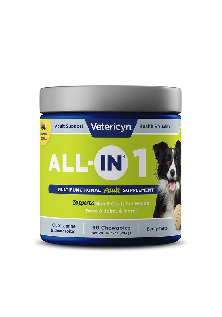 Vetericyn All-in 1 Multifungsional Dog Suppplemen 124; Digetical Enzymes + Glucosamin dan Chondroitin untuk Dukungan Bone dan Gabungan + Vitamin, Antioksidants, Pregories, Progorium, dan Omegas. Cacah 90