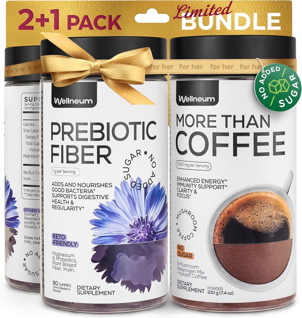 Jamur Coffee and Prebiotic Fiber Bundle - 9 Mushroom Adaptogen Mix, Dietary Fiber 7G, Probiotic - Instant Mushroom Coffee and Fiber Chews for Immunity, Gut Health - for Men and Women