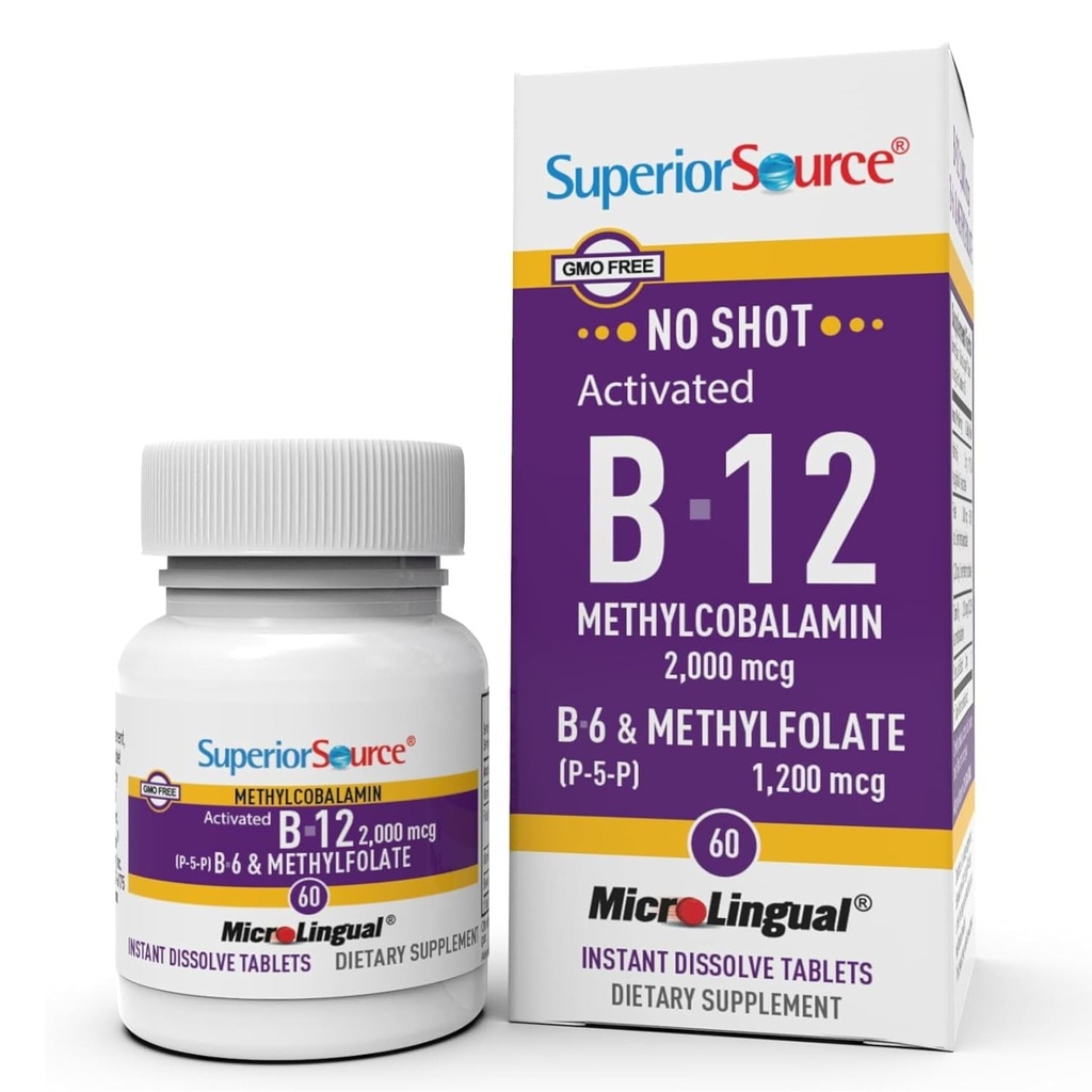 Sumber Superior No Source Shot Vitamin B-12 Methylcobalamin 2000 mcg, B-6, & Methylfolat 1200 mcg - Pasokan Energi, Otak, dan Kesehatan Jantung - Friendly - 60 Sublingual Dissolve Tablet