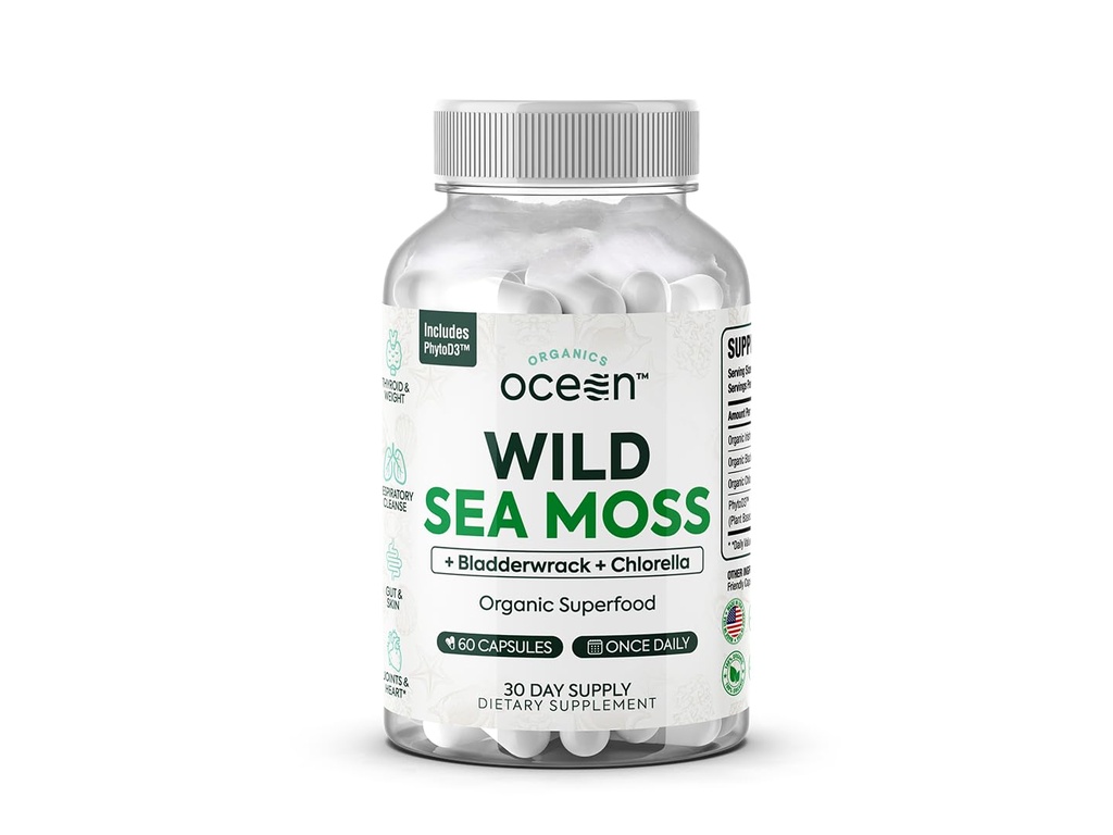 Organisasi Laut Liar Moss Capsules - 100% Massa Laut Organik dengan Chlorella Organik, Bladderwrack dan Vitamin D untuk Energi, Kesehatan Lung dan Dukungan Thyroid untuk Perempuan dan Pria - 60 Kasules