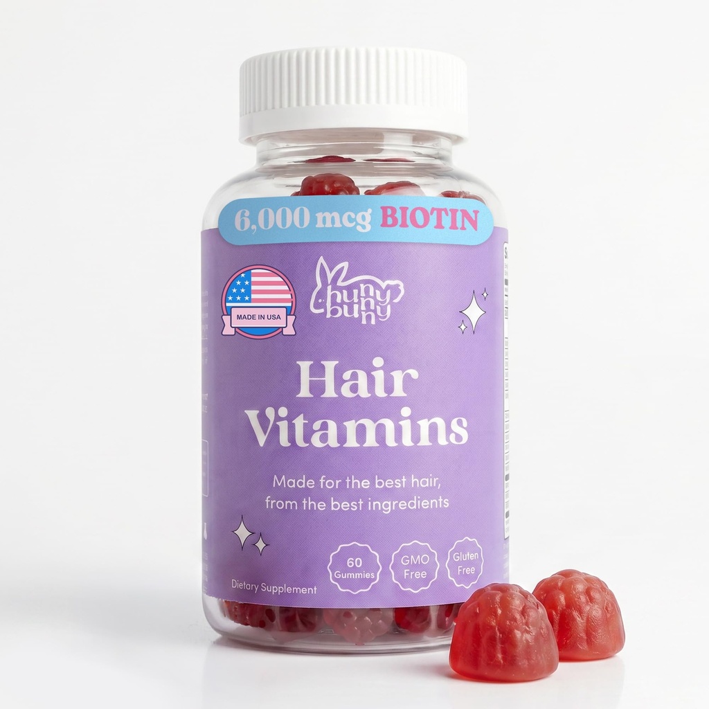 Hunny Bunny Hapamin Biotin Gummies - Tambahan Biotin dengan Vitamin A, C, D, D, B6 - Pertumbuhan Rambut, Kulit, Nail Vitamin - Non GMO, Gluten Bebas - 60 Gummies