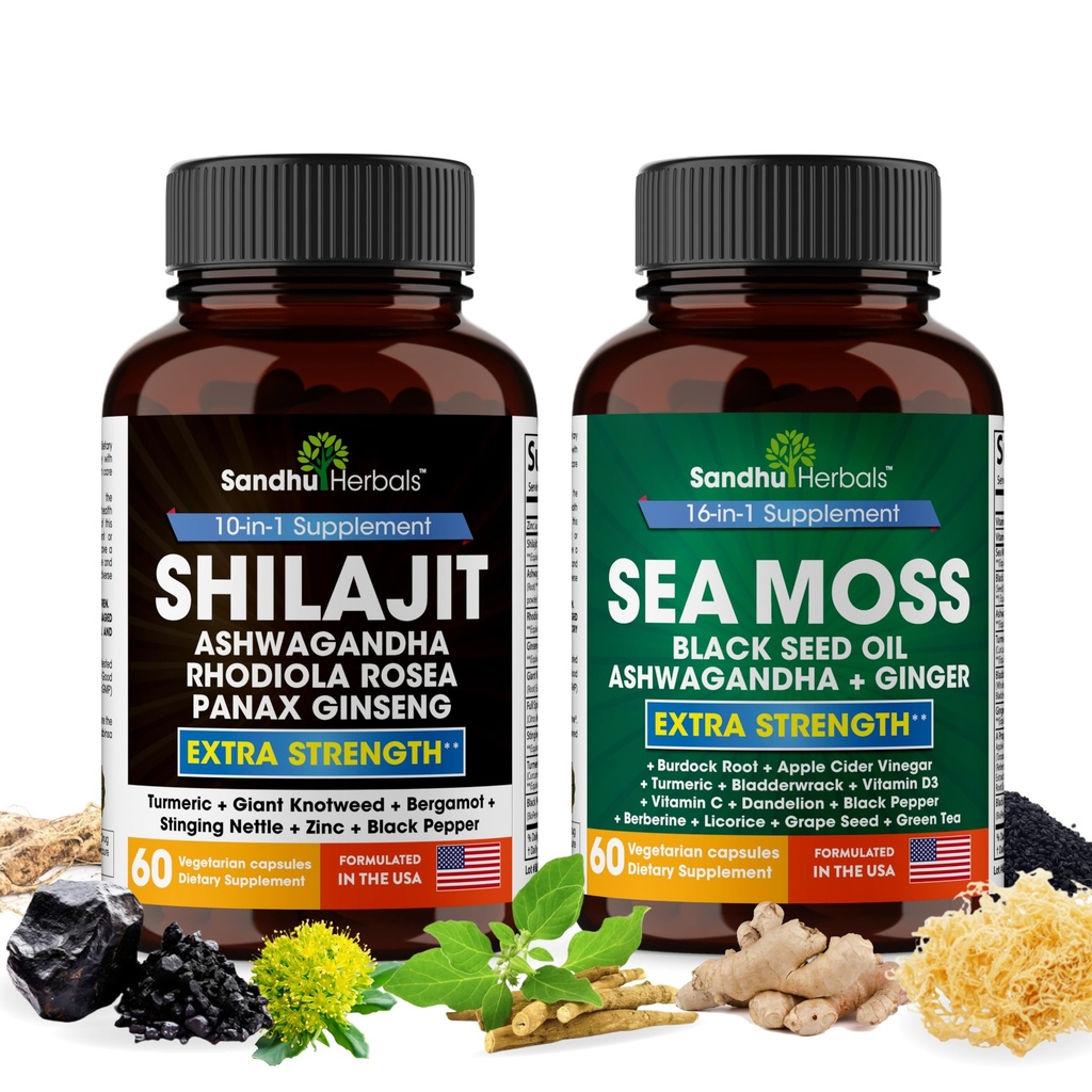 Shilajit Sea Moss Ashwagandha Combo Bundle - Black Seed Oil, Turmeric, Rhodiola Rosea, Panax, Ginseng Supplement | 120 Capsules, Better Than Gummies, Resin | Seamoss for Men & Women