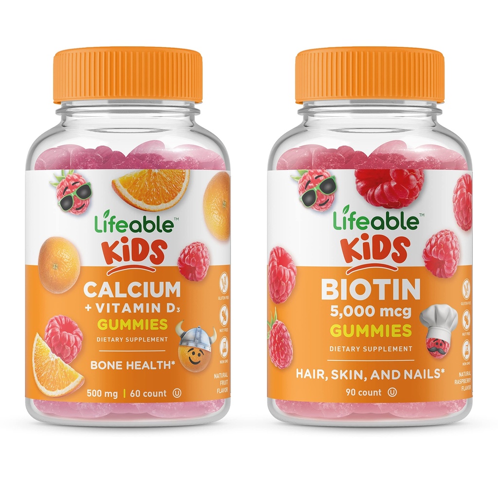 Lifeable Biotin Kids + Calcium with Vitamin D Kids, Gummies Bundle - Great Tasting, Vitamin Suplemen, Gluten Free, GMO Gratis, Gummy Chewable
