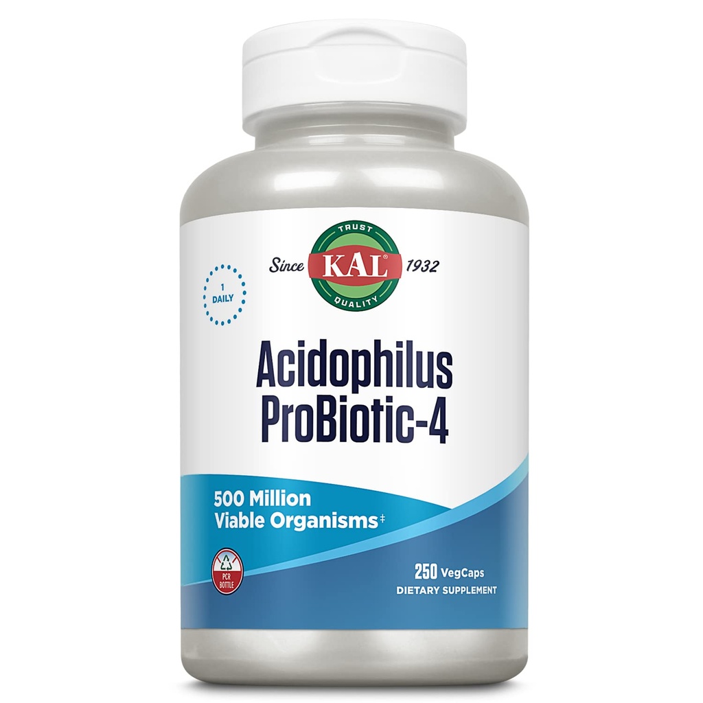 KAL Acidoblus ProBiotic-4, 500 Juta CFUs, Empat Strain Probiotis, Propotik Perempuan dan Pria, Freeze Dry, L. Aciotilus, L. bulgaricus, S. thermophilus, B. bifidum, 250 hamba, 250 vecCaps