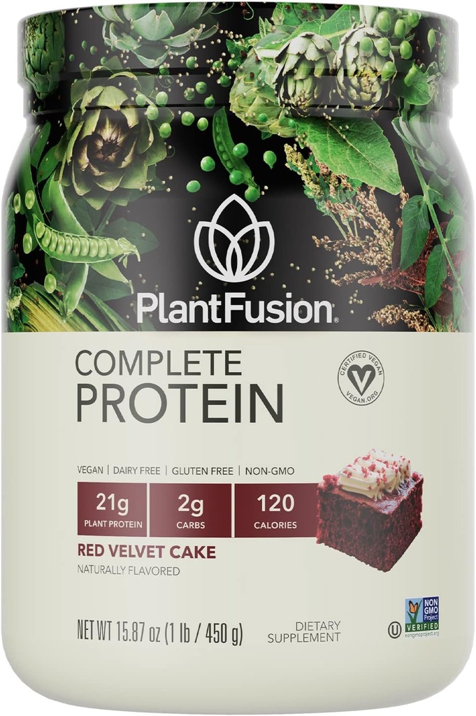 PlantFusion Complete Vegan Protein Powder - Plant Based Protein Powder With BCAAs, Digetical Enzymes and Pea Protein - Keto, Gluten Free, Soy Free, Non-Dairy, No Sugar, Non-GMO - Red Velvet 1 lb