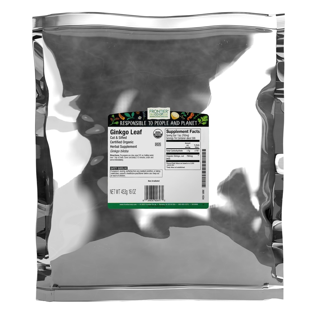 Frontier Co-op Organic Ginkgo Leaf, 1lb Bulk Bag, Cut and Sifted 12.4; Gorriggo Biloba Leaf 124; Ideal untuk Teh dan Herbal Uses, Kosher