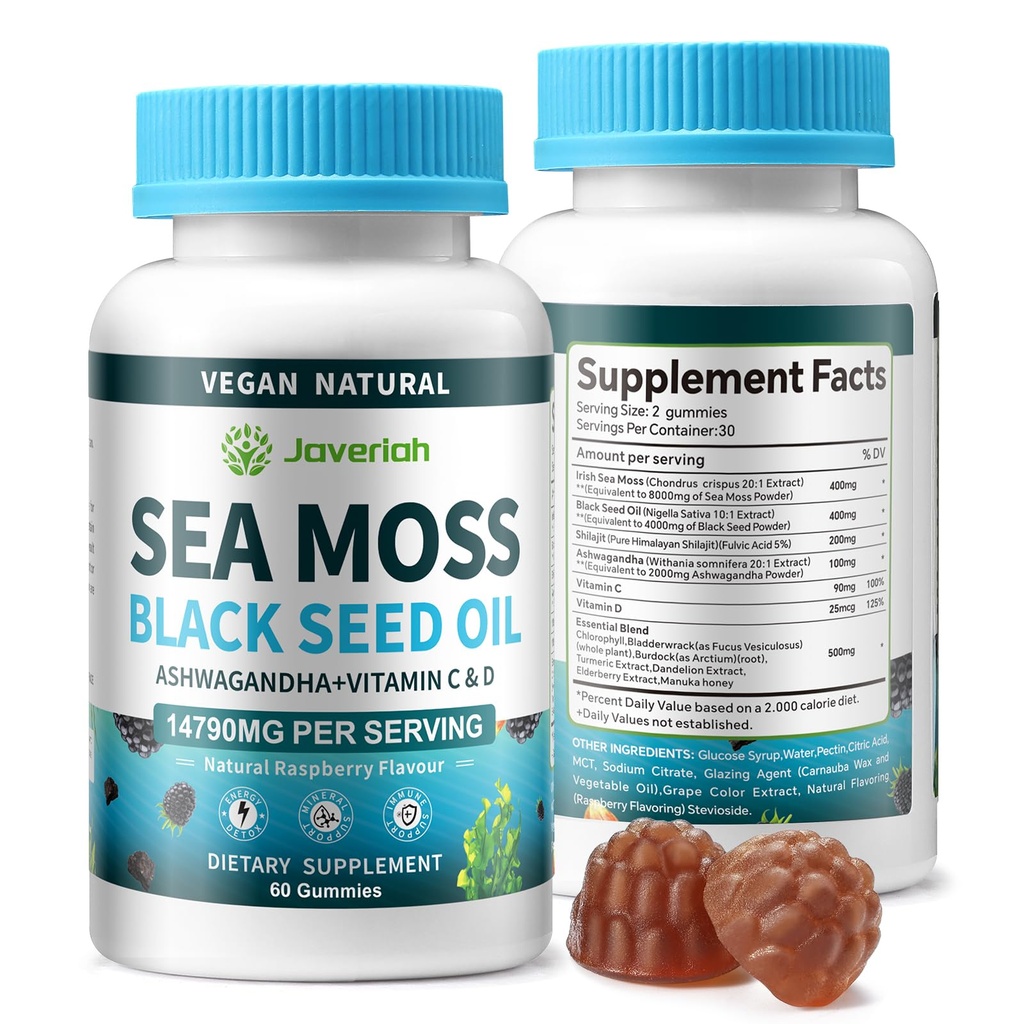 Vegan Ashwagandha Sea Moss Gummies - Minyak Benih Hitam, Vitamin C & D untuk Dukungan Imune, Digetile, Antioksidant 13 dalam 1 Bundle, Laut Moss Chlorophill Advanced Kekuatan Formula 2Pack 120 Gummies